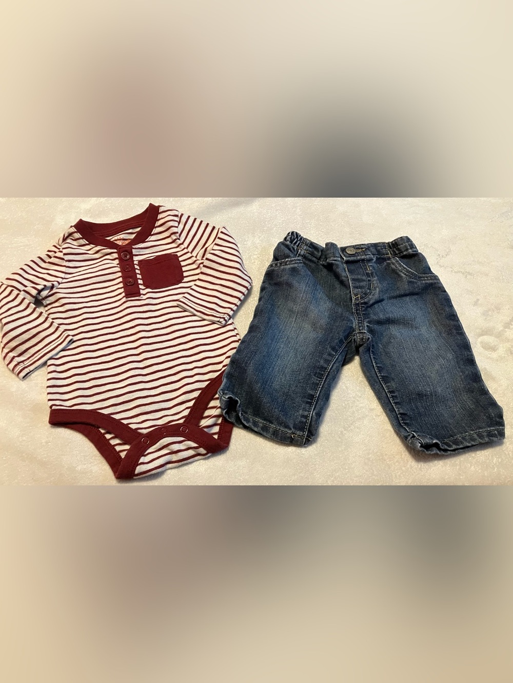Burgundy and White Striped Bodysuit with Denim Pants
